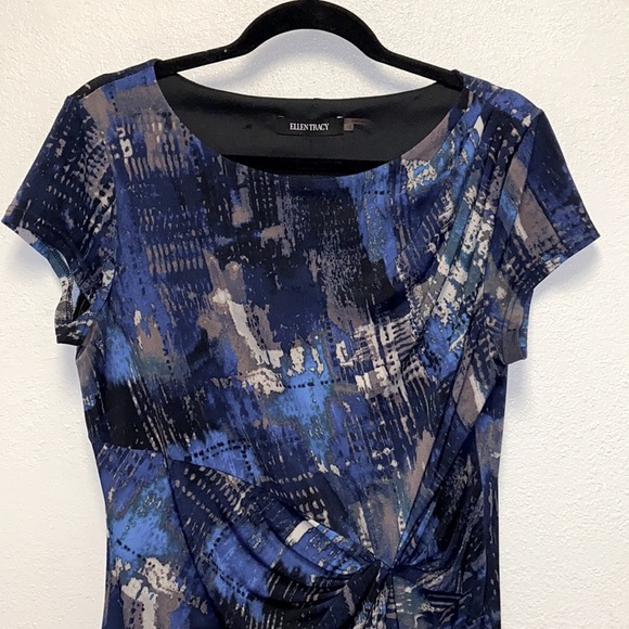 Ellen Tracy Size 10 Blue Brushstroke Front-Twist Lined A-Line Dress: 4917 - Picture 3 of 8